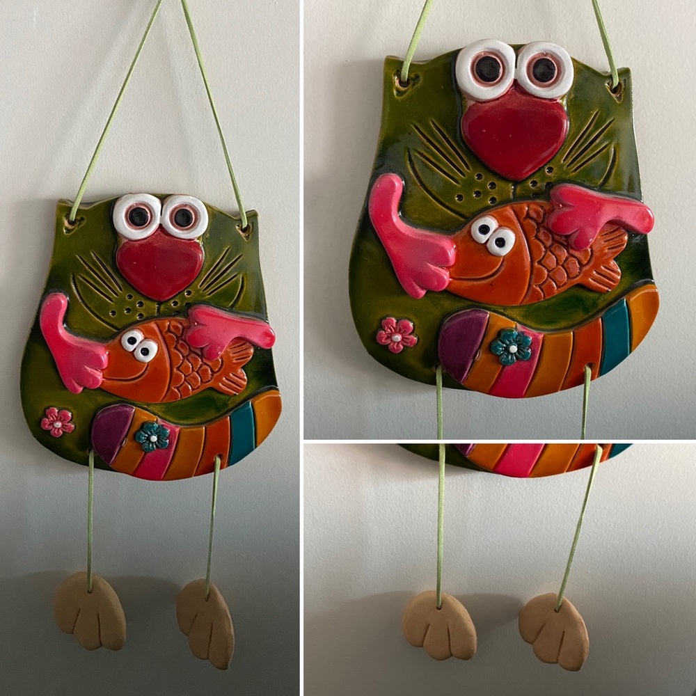 Handcrafted Whimsical Cat Got the Fish w Legs Ceramic Wall Art